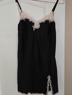 Victoria's Secret Black Slip Night Gown Lingerie with Blush Lace Trim